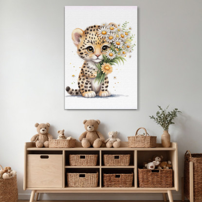 Decorazione Nursery Quadro Per Bimbo E Bimba Cucciolo Di Leopardo Con Margherite banb30 quadro stampato su tela