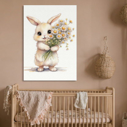 Quadro Per Cameretta Bimbo Cucciolo Di Coniglio Con Fiori Bianchi E Gialli banb35 quadro stampato su tela