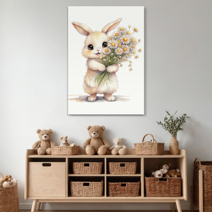 Quadro Per Cameretta Bimbo Cucciolo Di Coniglio Con Fiori Bianchi E Gialli banb35 quadro stampato su tela