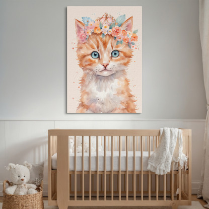 Quadro Per Cameretta Bimba Gattino Carino Con Bouquet Di Fiori banb36 quadro stampato su tela