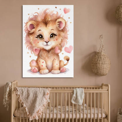 Decorazione Per Cameretta Quadro Per Bimbo Leone Cucciolo Con Cuori Rosa banb37 quadro stampato su tela