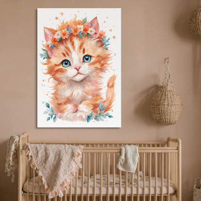 Quadro Per Cameretta Del Neonato Gattino Con Coroncina Di Fiori Arancioni banb38 quadro stampato su tela