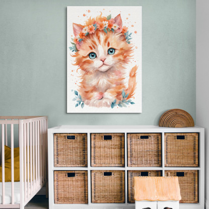 Quadro Per Cameretta Del Neonato Gattino Con Coroncina Di Fiori Arancioni banb38 quadro stampato su tela