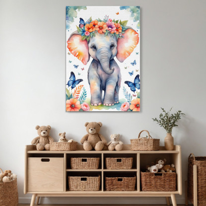 Quadro Per Nursery Decorazione Bimba Cucciolo Di Elefante Con Fiori E Farfalle banb39 quadro stampato su tela