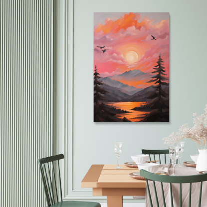 Quadro Boho Chic Minimal Tramonto Sulle Montagne E Sul Fiume Con Nuvole In Rosa E Arancione bho40 quadro stampato su tela