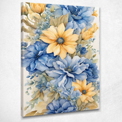 Quadro Botanico Moderno Bouquet Di Fiori Blu E Gialli In Acquerello btn4 quadro stampato su tela