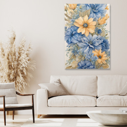 Quadro Botanico Moderno Bouquet Di Fiori Blu E Gialli In Acquerello btn4 quadro stampato su tela