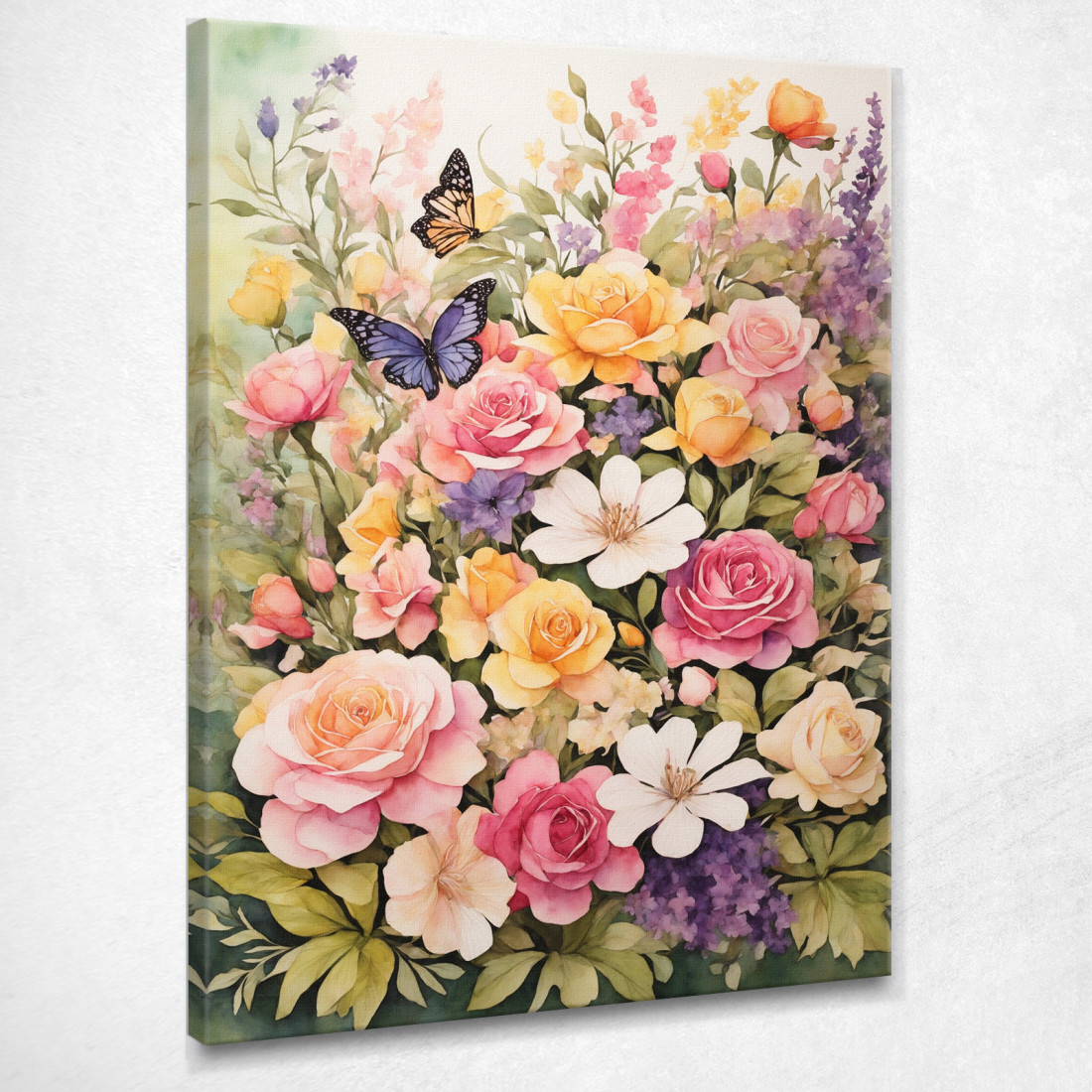 Quadro Botanico Moderno Fiori Colorati E Farfalle In Un Giardino Acquerellato btn16 quadro stampato su tela