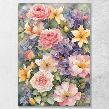 Quadro Botanico Moderno Giardino Fiorito Acquerello Con Rose E Gigli btn28 quadro stampato su tela