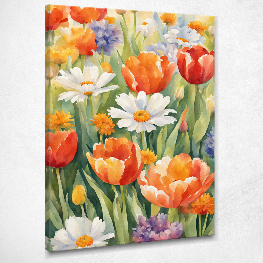 Quadro Botanico Moderno Giardino Fiorito Acquerello Con Tulipani E Margherite btn29 quadro stampato su tela Quadro Botanico Moderno Giardino Fiorito Acquerello Con Tulipani E Margherite btn29 quadro stampato su tela