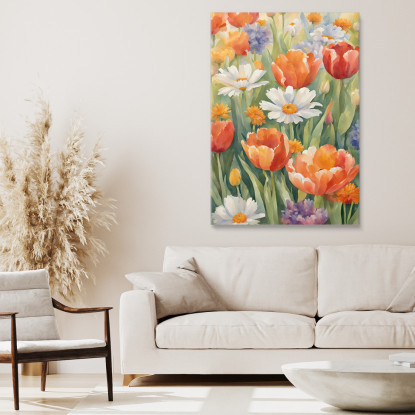 Quadro Botanico Moderno Giardino Fiorito Acquerello Con Tulipani E Margherite btn29 quadro stampato su tela