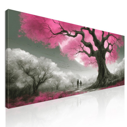 Quadro Botanico Albero Con Fiori Rosa E Coppia Al Tramonto bow1 quadro stampato su tela