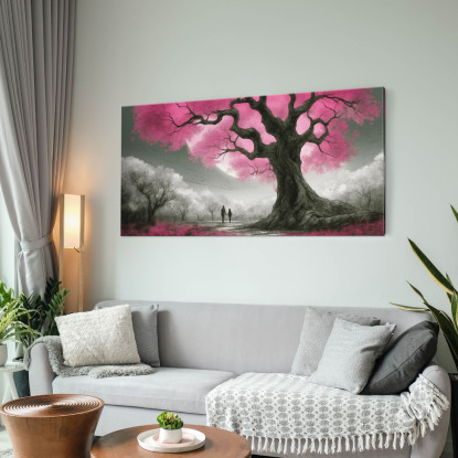 Quadro Botanico Albero Con Fiori Rosa E Coppia Al Tramonto bow1 quadro stampato su tela