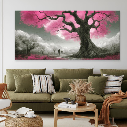 Quadro Botanico Albero Con Fiori Rosa E Coppia Al Tramonto bow1 quadro stampato su tela