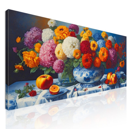 Quadro Botanico Bouquet Di Fiori Colorati E Frutta Fresca In Porcellana Blu bow6 quadro stampato su tela