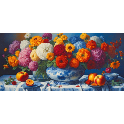 Quadro Botanico Bouquet Di Fiori Colorati E Frutta Fresca In Porcellana Blu bow6 quadro stampato su tela