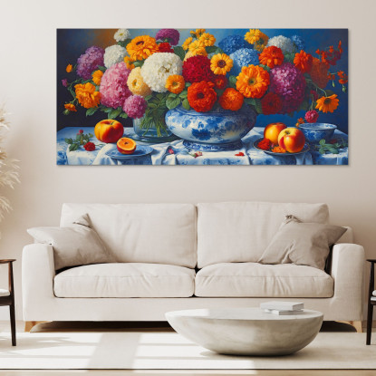 Quadro Botanico Bouquet Di Fiori Colorati E Frutta Fresca In Porcellana Blu bow6 quadro stampato su tela