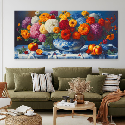 Quadro Botanico Bouquet Di Fiori Colorati E Frutta Fresca In Porcellana Blu bow6 quadro stampato su tela