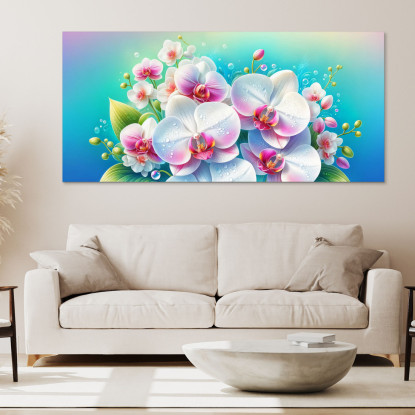 Quadro Botanico Bouquet Di Orchidee Bianche E Rosa Con Gocce D'Acqua bow7 quadro stampato su tela