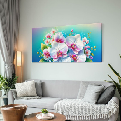 Quadro Botanico Bouquet Di Orchidee Bianche E Rosa Con Gocce D'Acqua bow7 quadro stampato su tela