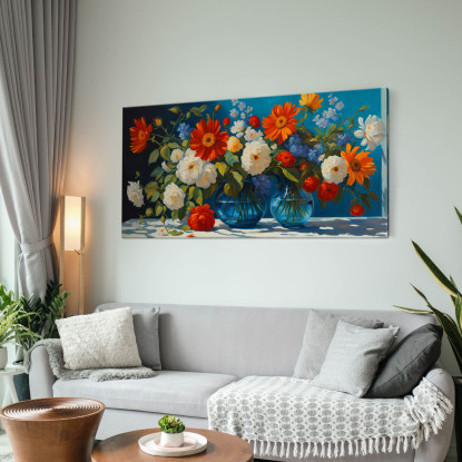 Quadro Botanico Composizione Di Fiori Vivaci In Vasi Di Vetro Blu bow13 quadro stampato su tela