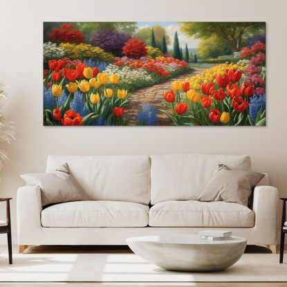 Quadro Botanico Giardino Fiorito Con Sentiero Tra Tulipani Colorati bow17 quadro stampato su tela