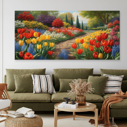 Quadro Botanico Giardino Fiorito Con Sentiero Tra Tulipani Colorati bow17 quadro stampato su tela