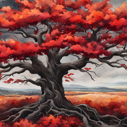 Quadro Botanico Grande Albero Con Foglie Rosse Su Sfondo Di Cielo Grigio bow18 quadro stampato su tela