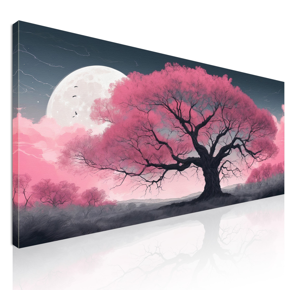 Quadro Botanico Grande Albero Rosa Illuminato Dalla Luna bow19 quadro stampato su tela