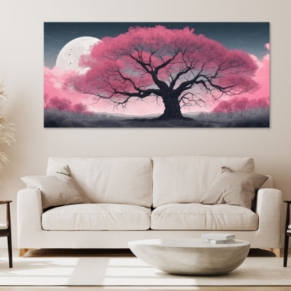 Quadro Botanico Grande Albero Rosa Illuminato Dalla Luna bow19 quadro stampato su tela