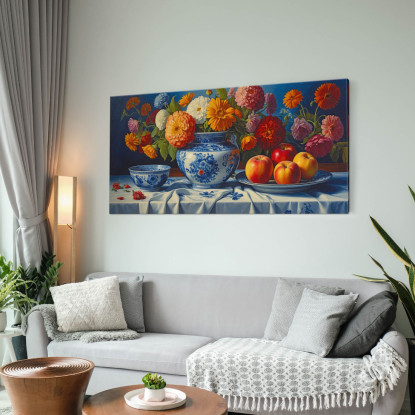 Quadro Botanico Natura Morta Con Fiori Colorati E Mele In Vaso Di Porcellana bow20 quadro stampato su tela