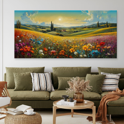Quadro Botanico Paesaggio Di Campo Fiorito Al Tramonto bow27 quadro stampato su tela