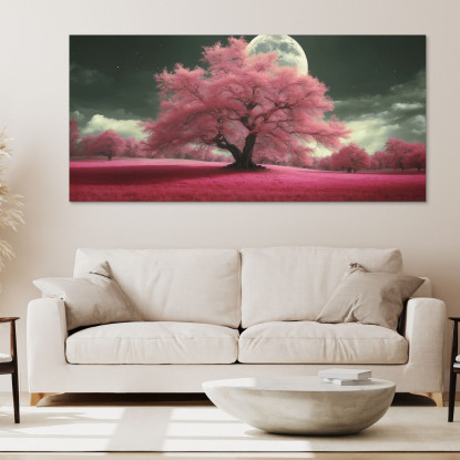 Quadro Botanico Paesaggio Notturno Con Alberi Rosa E Luna Piena Fantasy bow29 quadro stampato su tela