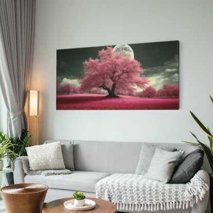 Quadro Botanico Paesaggio Notturno Con Alberi Rosa E Luna Piena Fantasy bow29 quadro stampato su tela