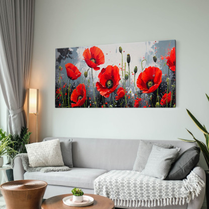 Quadro Botanico Papaveri Rossi Vivaci Su Sfondo Grigio Artistico bow36 quadro stampato su tela