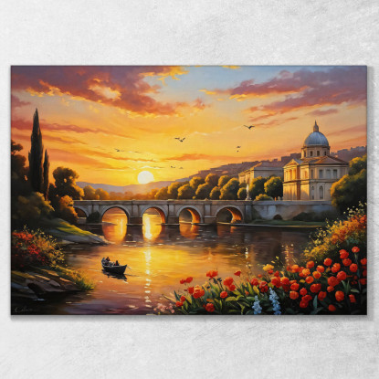 Quadro Moderno Città Astratto Barca Sul Fiume Al Tramonto Con Vista Su Un Ponte A Roma ct4 quadro stampato su tela