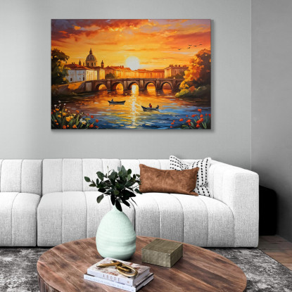 Quadro Moderno Città Astratto Incantevole Tramonto Cittadino Su Fiume Con Barca E Ponte Antico ct13 quadro stampato su tela