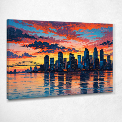 Quadro Moderno Città Astratto Skyline Astratto Al Tramonto Con Grattacieli E Ponte ct25 quadro stampato su tela