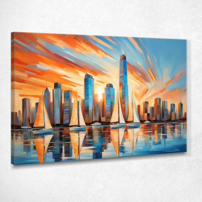 Quadro Moderno Città Astratto Tramonto Su Grattacieli Della Città Moderna E Barche A Vela ct32 quadro stampato su tela