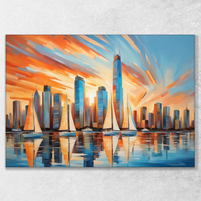 Quadro Moderno Città Astratto Tramonto Su Grattacieli Della Città Moderna E Barche A Vela ct32 quadro stampato su tela