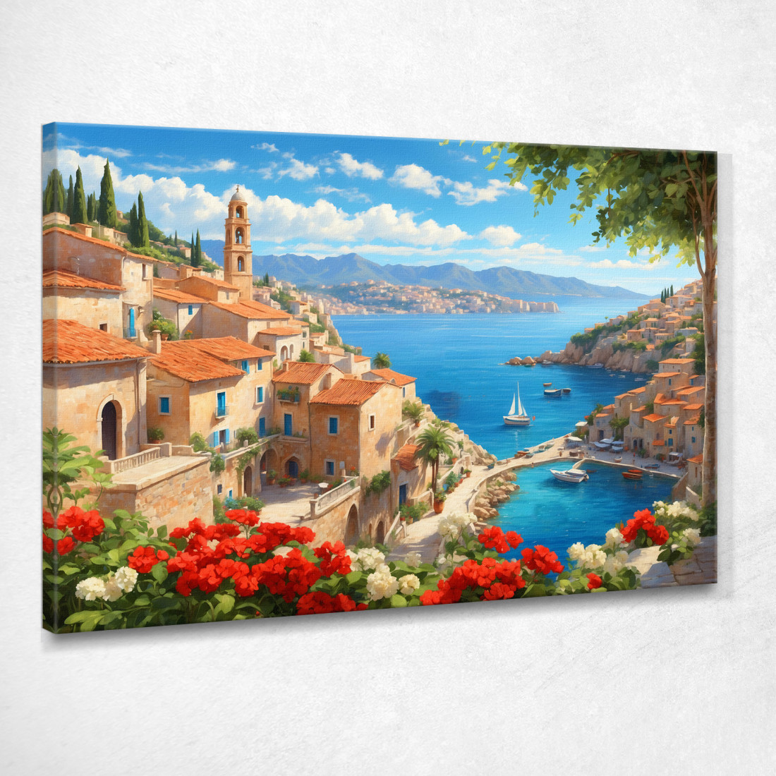 Quadro Moderno Città Astratto Vista Sulla Costa Mediterranea Con Vele E Fiori Colorati ct35 quadro stampato su tela Quadro Moderno Città Astratto Vista Sulla Costa Mediterranea Con Vele E Fiori Colorati ct35 quadro stampato su tela