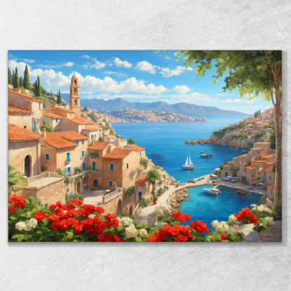 Quadro Moderno Città Astratto Vista Sulla Costa Mediterranea Con Vele E Fiori Colorati ct35 quadro stampato su tela