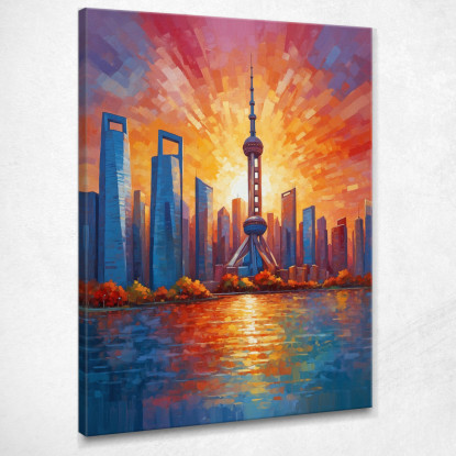 Quadro Moderno Città Astratto Splendida Vista Del Tramonto Su Shanghai ct39 quadro stampato su tela