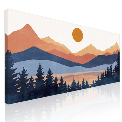 Quadro Boho Chic Illustrazione Paesaggio Montagne Colorate Con Foresta Di Pini E Sole Al Tramonto bol1 quadro stampato su tela