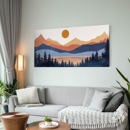 Quadro Boho Chic Illustrazione Paesaggio Montagne Colorate Con Foresta Di Pini E Sole Al Tramonto bol1 quadro stampato su tela