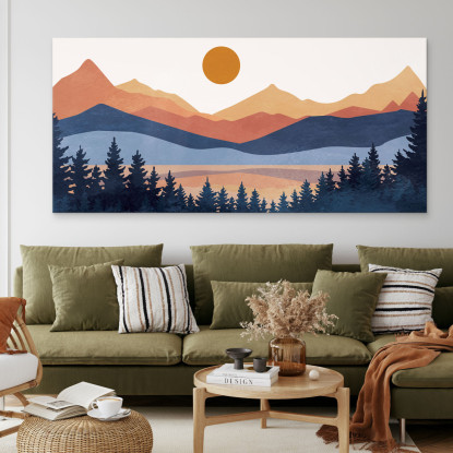 Quadro Boho Chic Illustrazione Paesaggio Montagne Colorate Con Foresta Di Pini E Sole Al Tramonto bol1 quadro stampato su tela