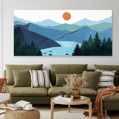 Quadro Boho Chic Illustrazione Paesaggio Montagne Blu Con Lago E Sole Al Tramonto bol2 quadro stampato su tela