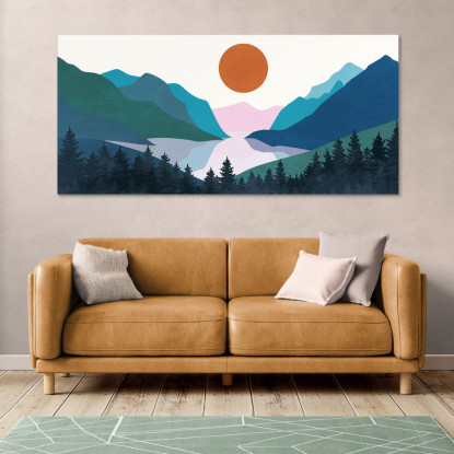 Quadro Boho Chic Illustrazione Paesaggio Montagne Colorate Con Foresta Di Pini E Lago Al Tramonto bol3 quadro stampato su tela