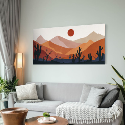 Quadro Boho Chic Illustrazione Paesaggio Deserto Montuoso Con Cactus E Sole Al Tramonto bol4 quadro stampato su tela