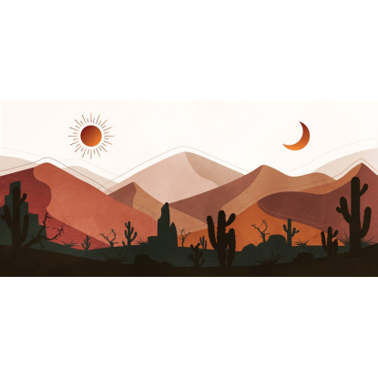 Quadro Boho Chic Illustrazione Paesaggio Deserto Montuoso Con Cactus Al Tramonto E Luna Crescente bol5 quadro stampato su tela